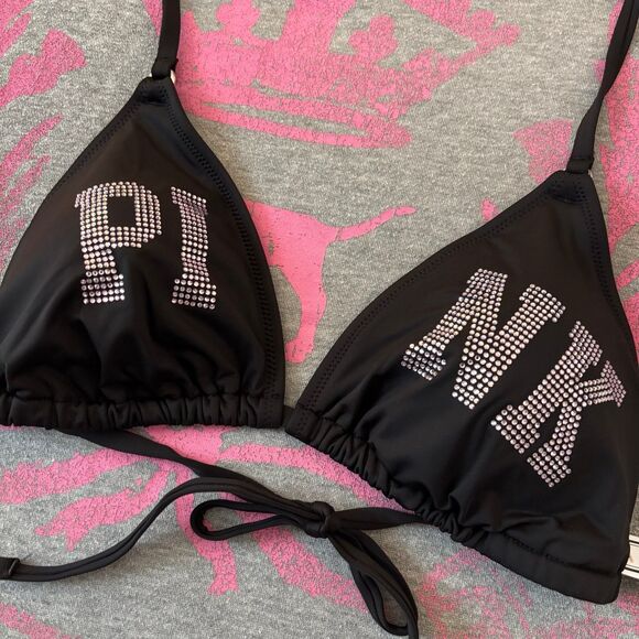 VS PINK Rhinestone Light Pink Diamanté Shine Bling Black String Bikini Top S-DD - Picture 4 of 11